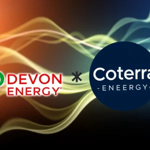 Illustration of the Devon Energy and Coterra Energy merger with energy graphics.