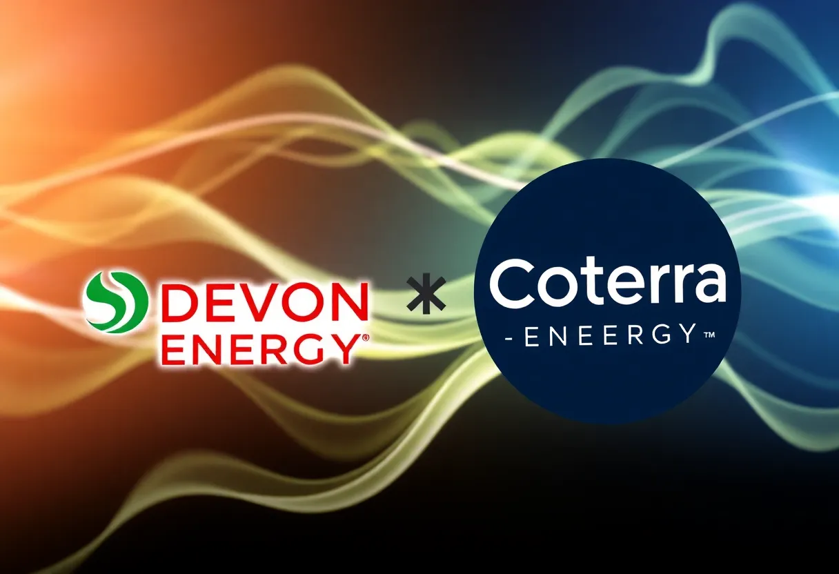 Illustration of the Devon Energy and Coterra Energy merger with energy graphics.