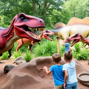 Families interacting with animatronic dinosaurs at the Dinosaur Expedition