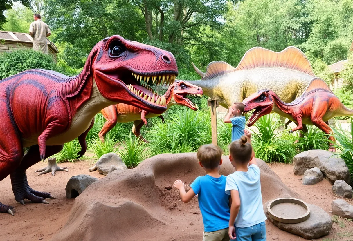 Families interacting with animatronic dinosaurs at the Dinosaur Expedition