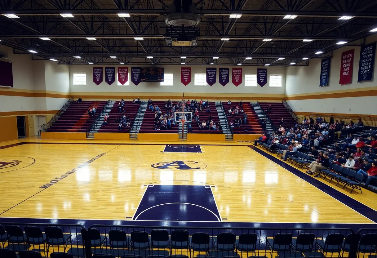Empty fan section in a high school basketball gym