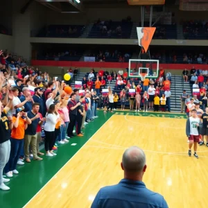 Fort Gibson Tigers vs Catoosa Indians basketball game with fans cheering.
