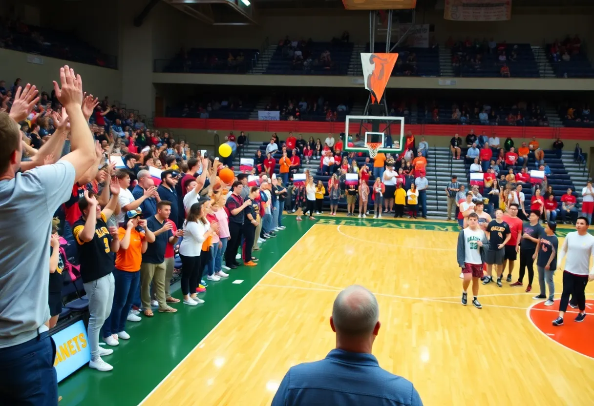 Fort Gibson Tigers vs Catoosa Indians basketball game with fans cheering.
