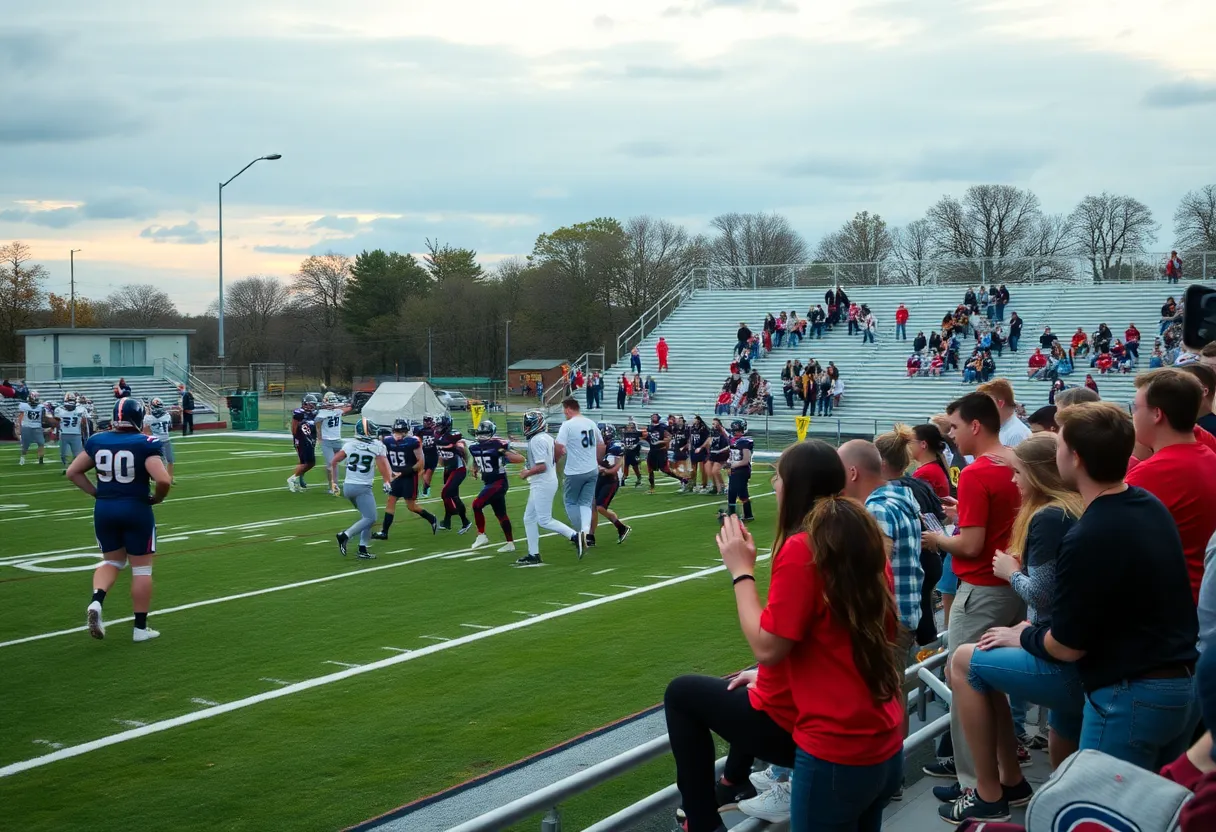 Football game at Galveston County high school with cheering fans