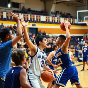 Indianola basketball players in action during a high school game