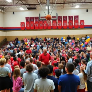 Crowd cheering at a jersey retirement ceremony in a high school gym.