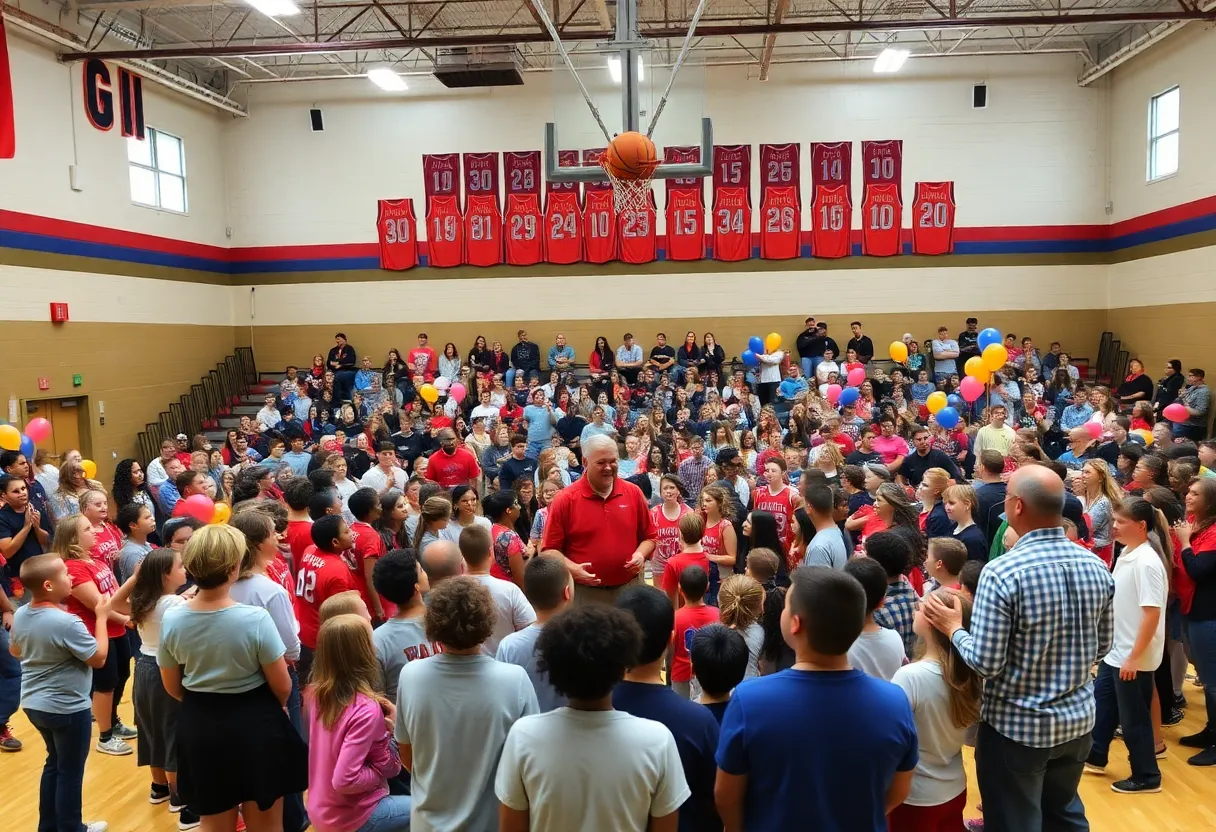 Crowd cheering at a jersey retirement ceremony in a high school gym.