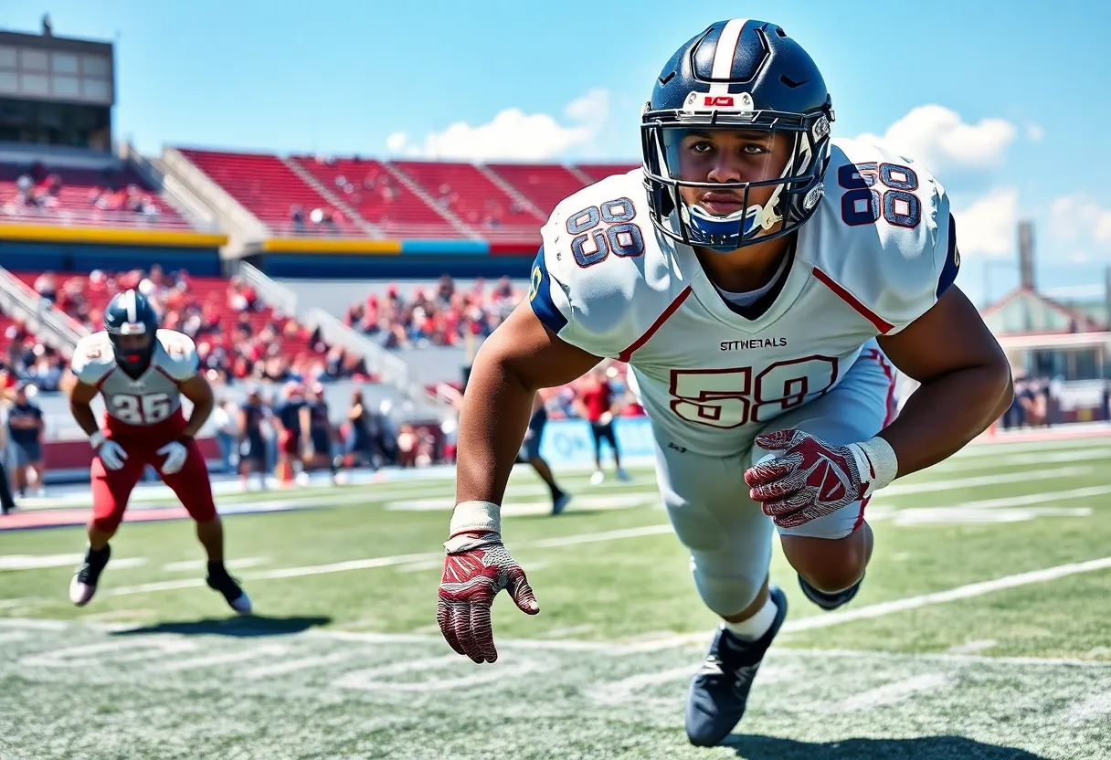 High school football defensive lineman in action