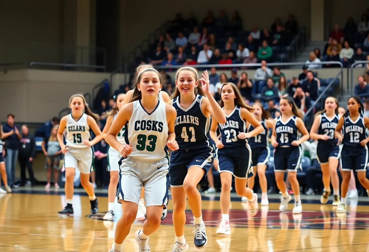 Girls basketball players from Putnam City North competing on the court