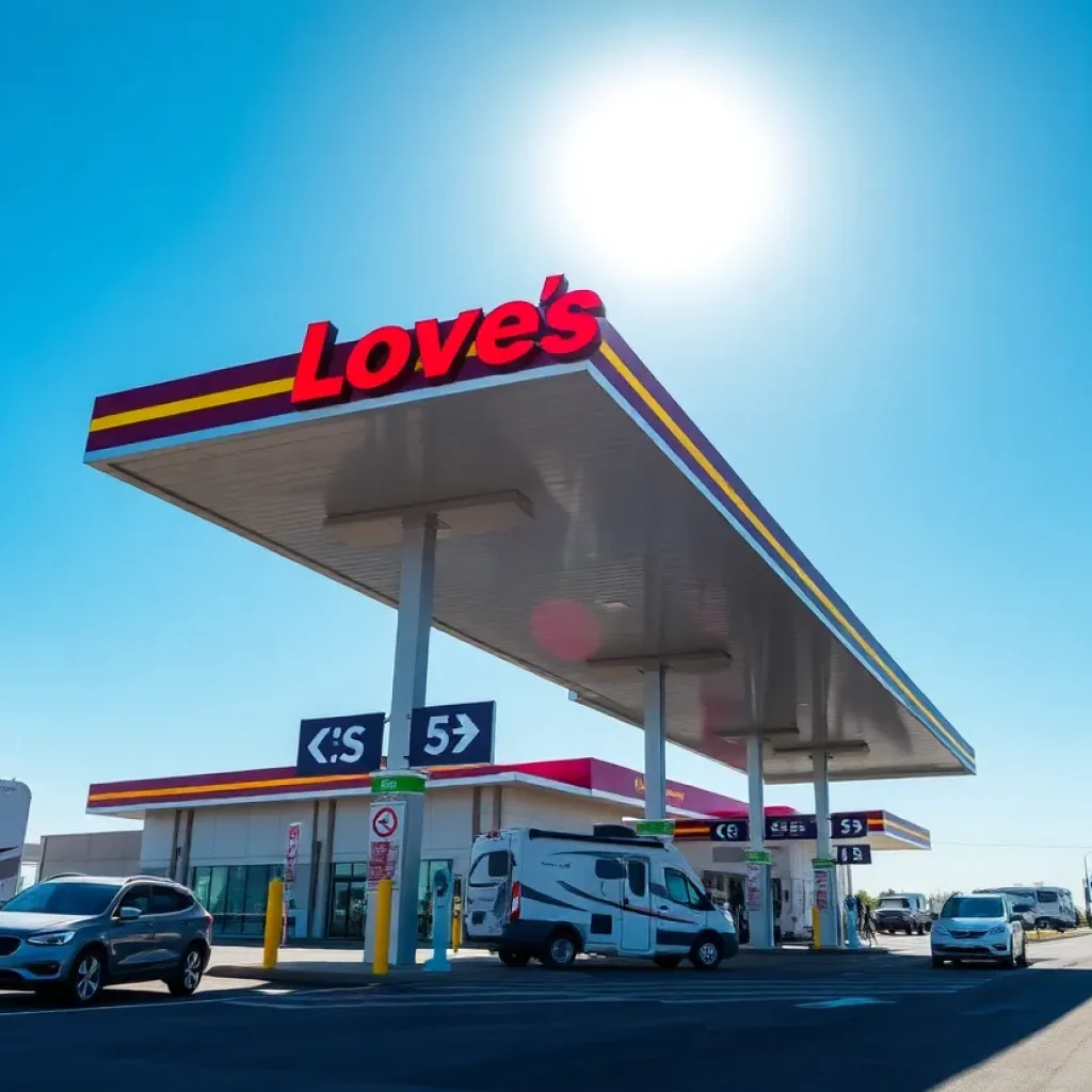 A modern Love's Travel Stop with EV charging and RV parking