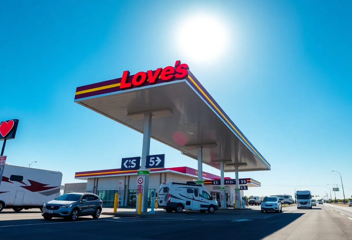 A modern Love's Travel Stop with EV charging and RV parking