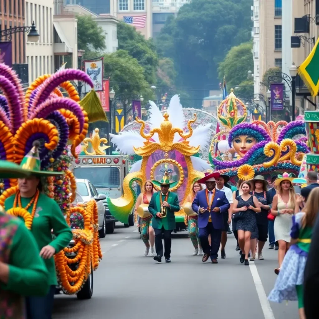 A lively Mardi Gras parade in Norman, showcasing floats and performers.