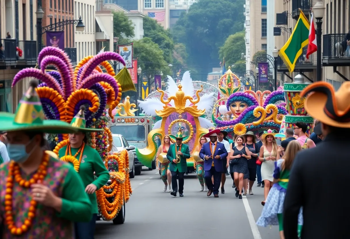 A lively Mardi Gras parade in Norman, showcasing floats and performers.