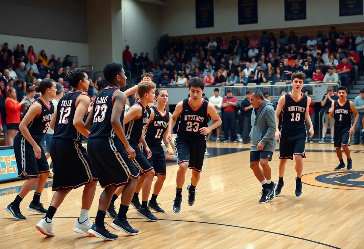 Millwood Falcons basketball team in a game on the court
