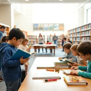 Families engaging in literacy activities at a library for National Take Your Child to the Library Day