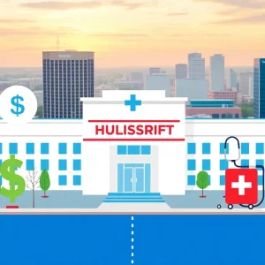 Illustration of a hospital and insurance symbols in Oklahoma City