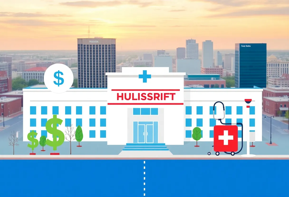 Illustration of a hospital and insurance symbols in Oklahoma City