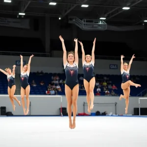 Oklahoma women's gymnastics team executing routines in a competition