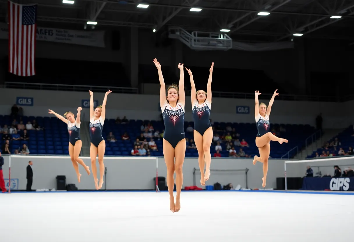 Oklahoma women's gymnastics team executing routines in a competition