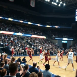 Oklahoma State basketball team celebrating their win against BYU