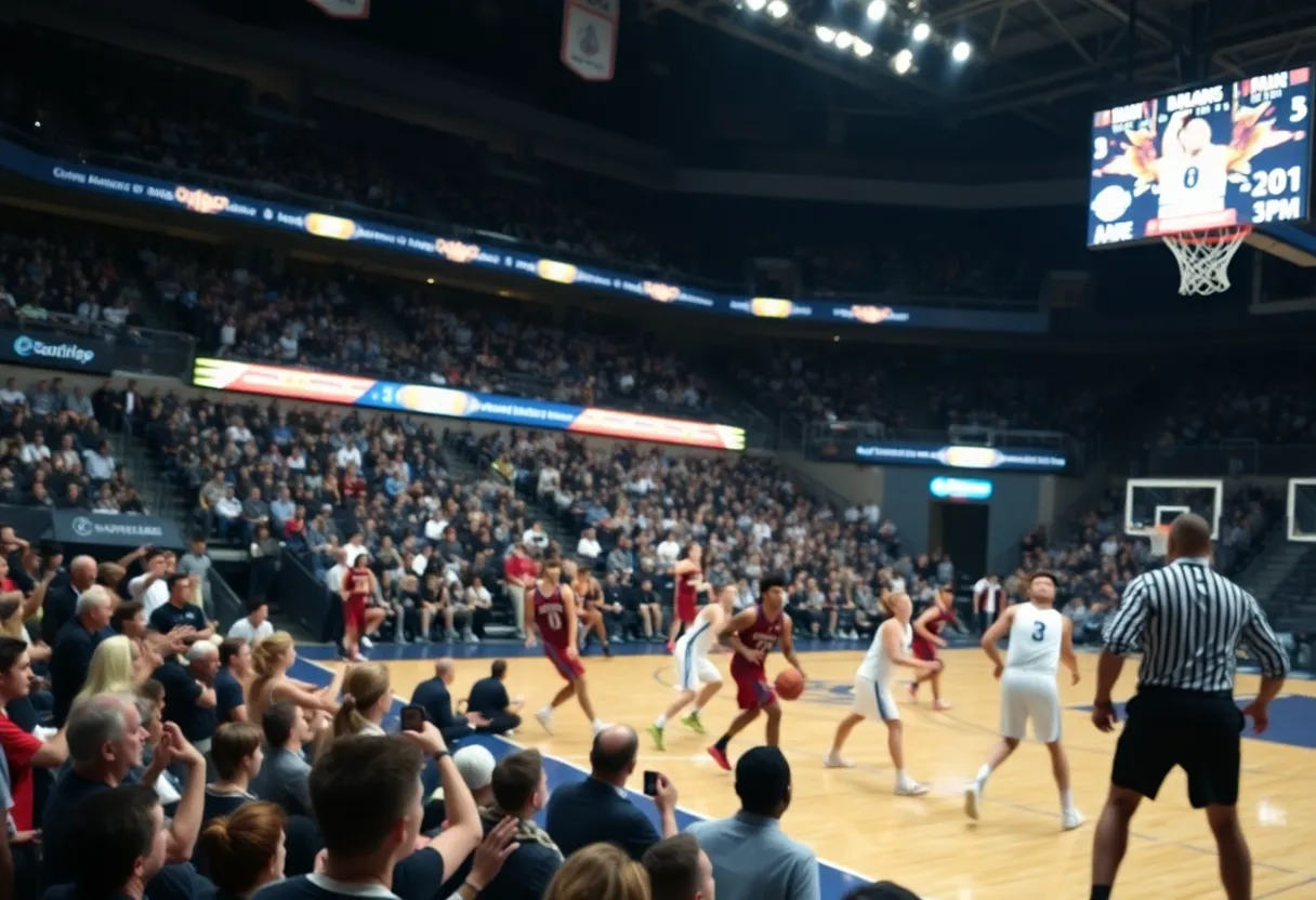 Oklahoma State basketball team celebrating their win against BYU