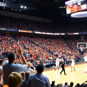 View of Gallagher-Iba Arena during a basketball game featuring Oklahoma State Cowgirls.