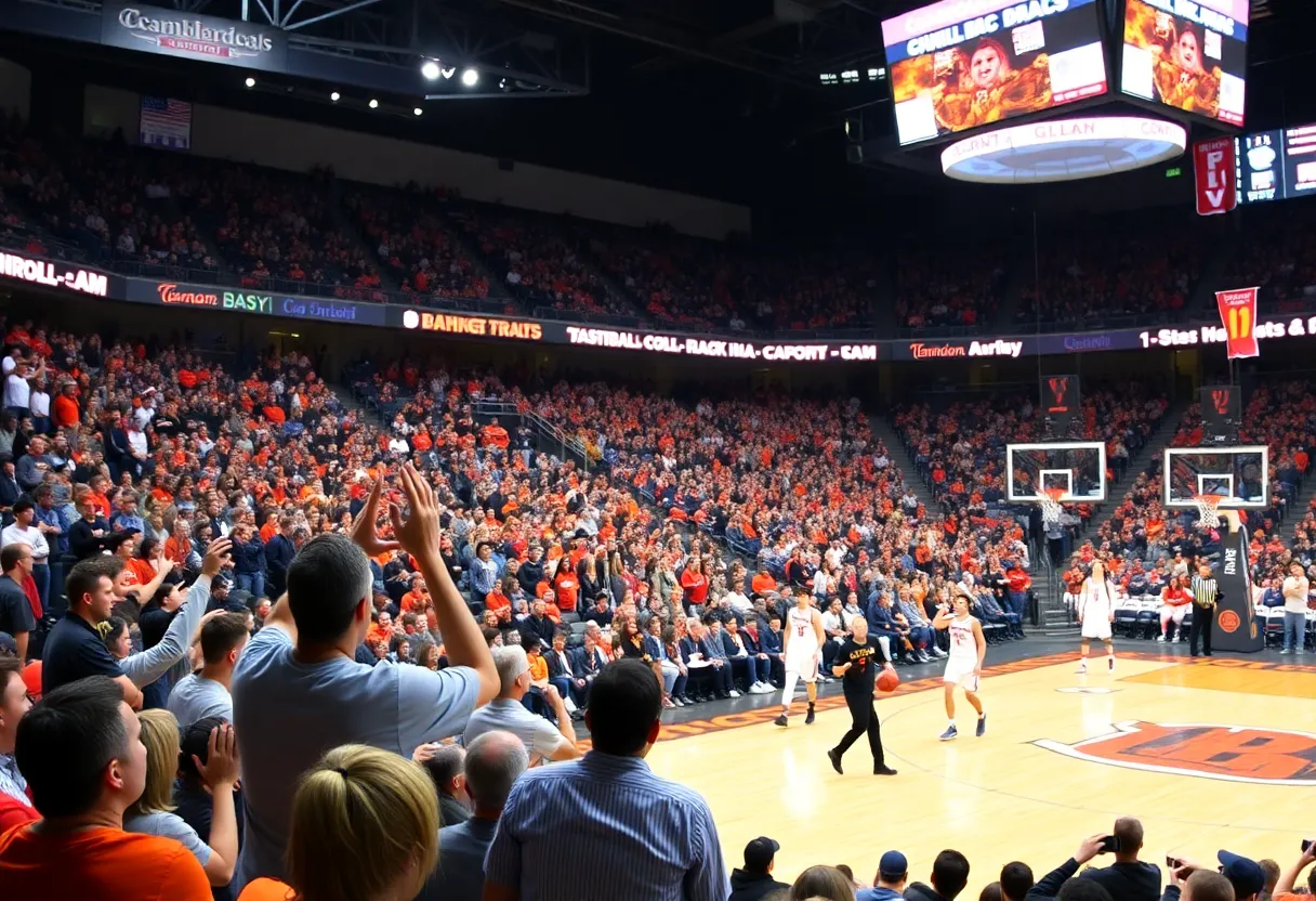 View of Gallagher-Iba Arena during a basketball game featuring Oklahoma State Cowgirls.