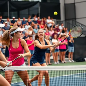 Oklahoma State Cowgirls women's tennis players competing in a match
