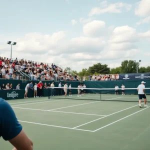 Action shot from the college tennis match between Oklahoma State Cowboys and Arkansas Razorbacks.
