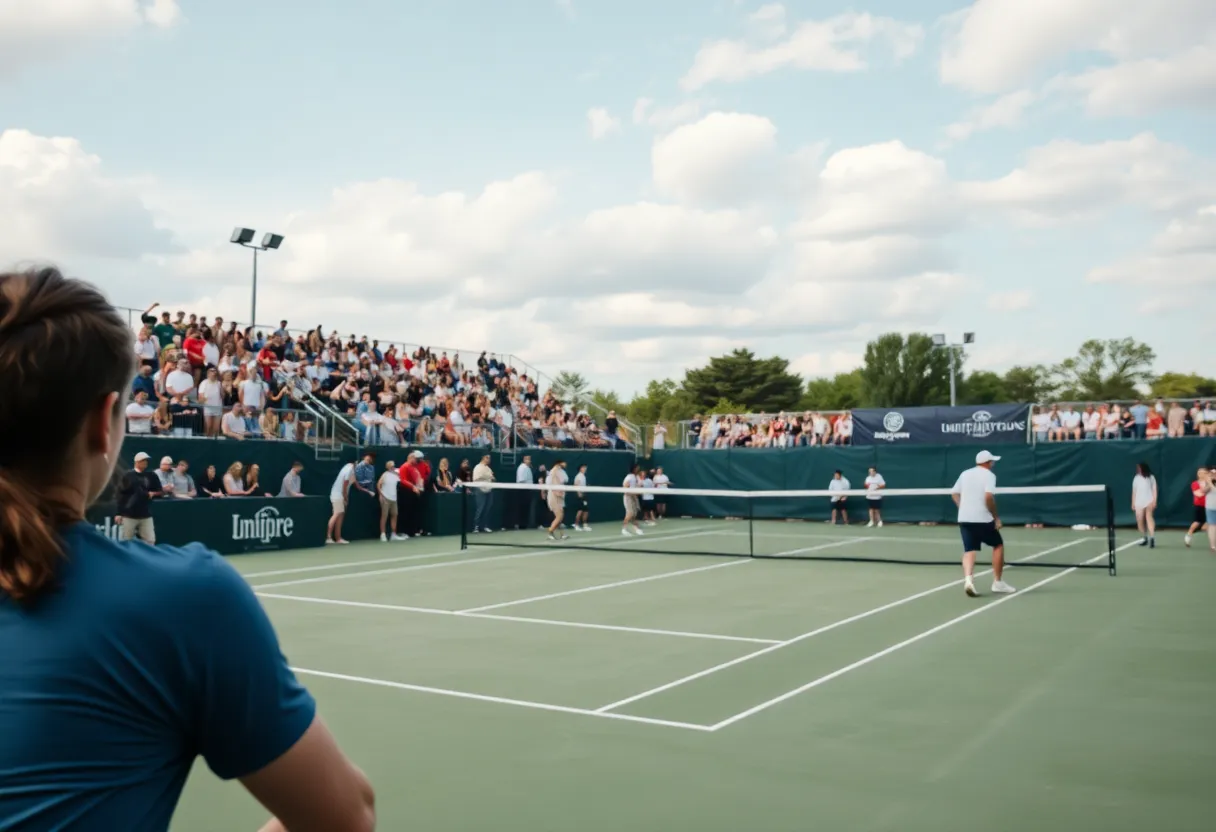 Action shot from the college tennis match between Oklahoma State Cowboys and Arkansas Razorbacks.