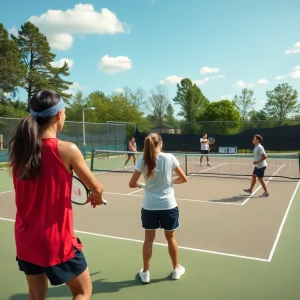 Tennis players in a competitive match at the Greenwood Tennis Center