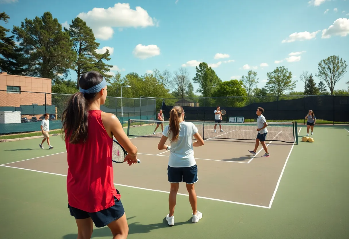 Tennis players in a competitive match at the Greenwood Tennis Center
