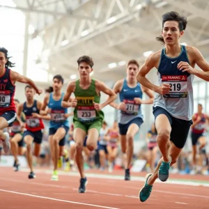 Runners competing in an indoor track and field event at Oklahoma State University