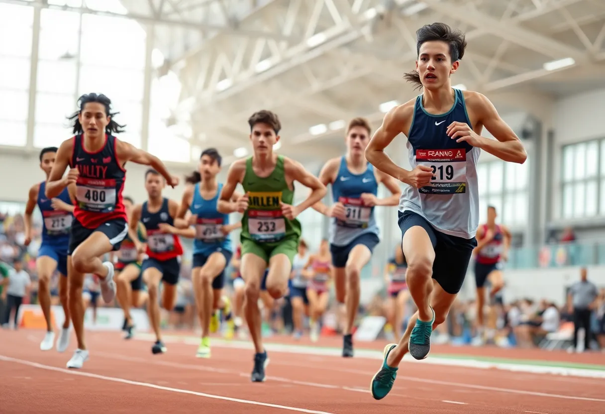 Runners competing in an indoor track and field event at Oklahoma State University