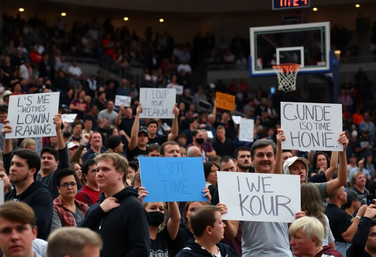 A crowded basketball arena during a tense game with fans expressing various emotions.