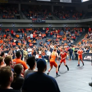 Oklahoma State wrestling athletes competing in an intense match