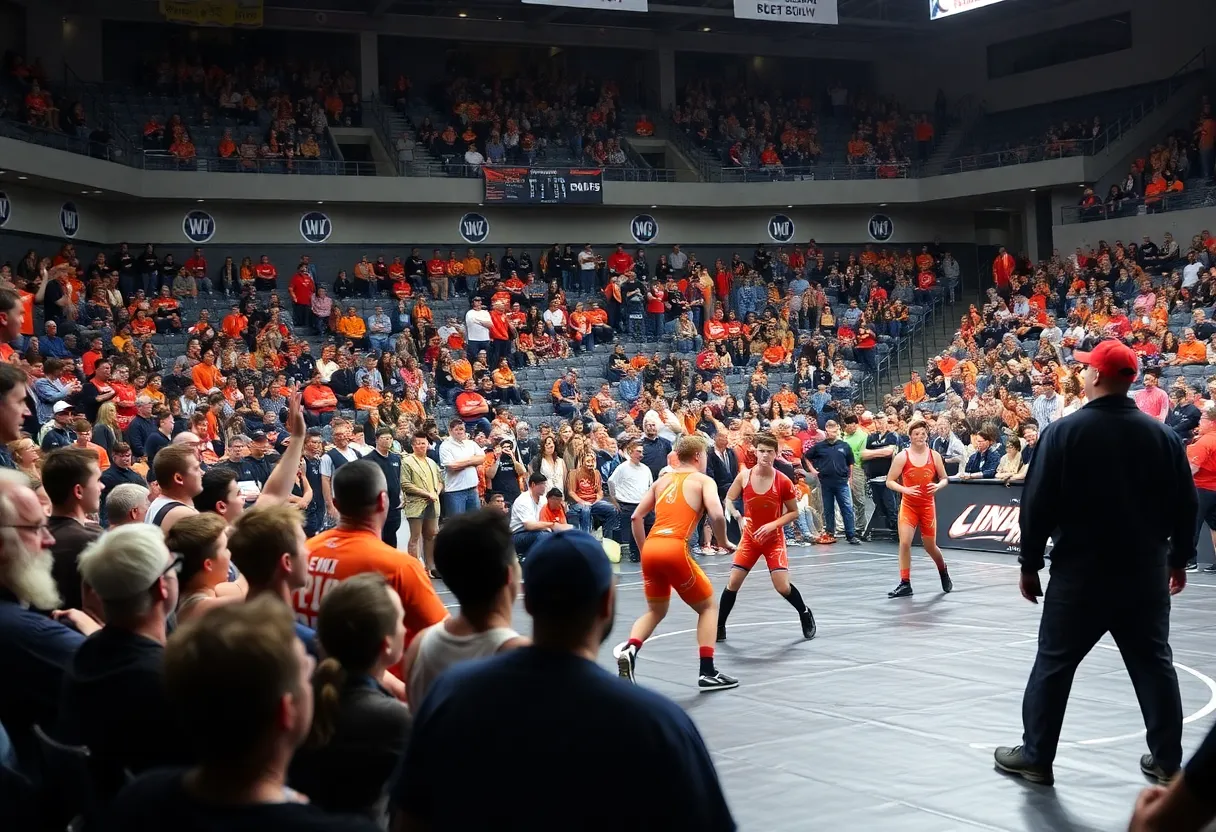 Oklahoma State wrestling athletes competing in an intense match