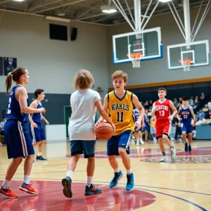 Oklahoma Union Cougars playing against Quapaw Wildcats in a high school basketball game.