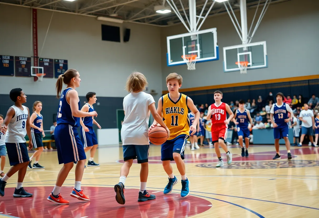 Oklahoma Union Cougars playing against Quapaw Wildcats in a high school basketball game.