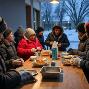 Volunteers serving hot meals at a warming center in Oklahoma City during Winter Storm Fern.