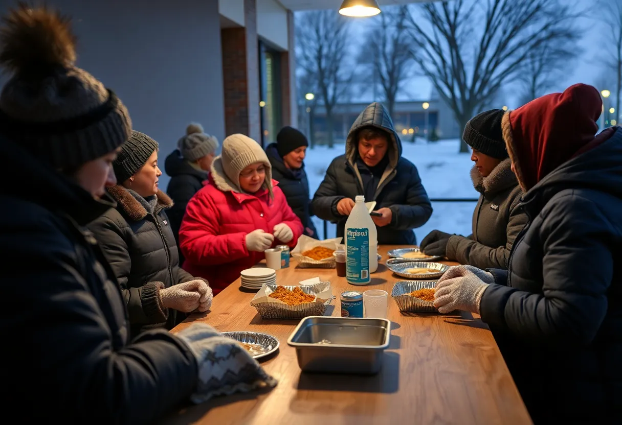 Volunteers serving hot meals at a warming center in Oklahoma City during Winter Storm Fern.
