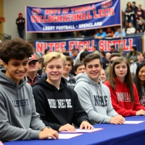 High school athletes celebrating National Signing Day with families and coaches.