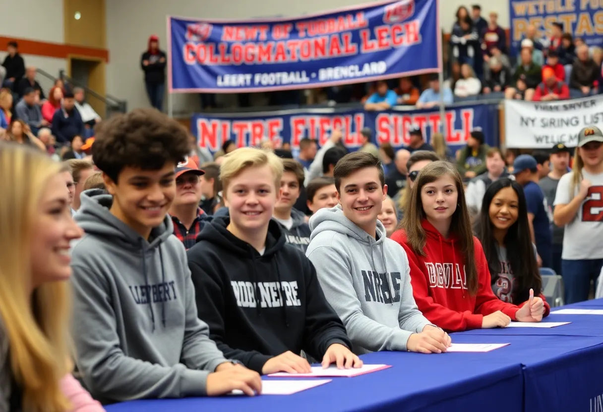 High school athletes celebrating National Signing Day with families and coaches.