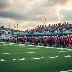 High school football players on the field preparing for a game