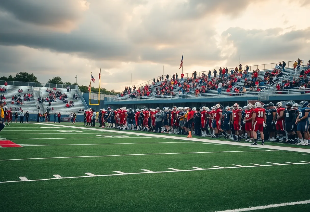 High school football players on the field preparing for a game
