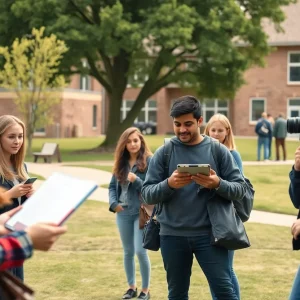 Students collaborating on journalism projects at OSU