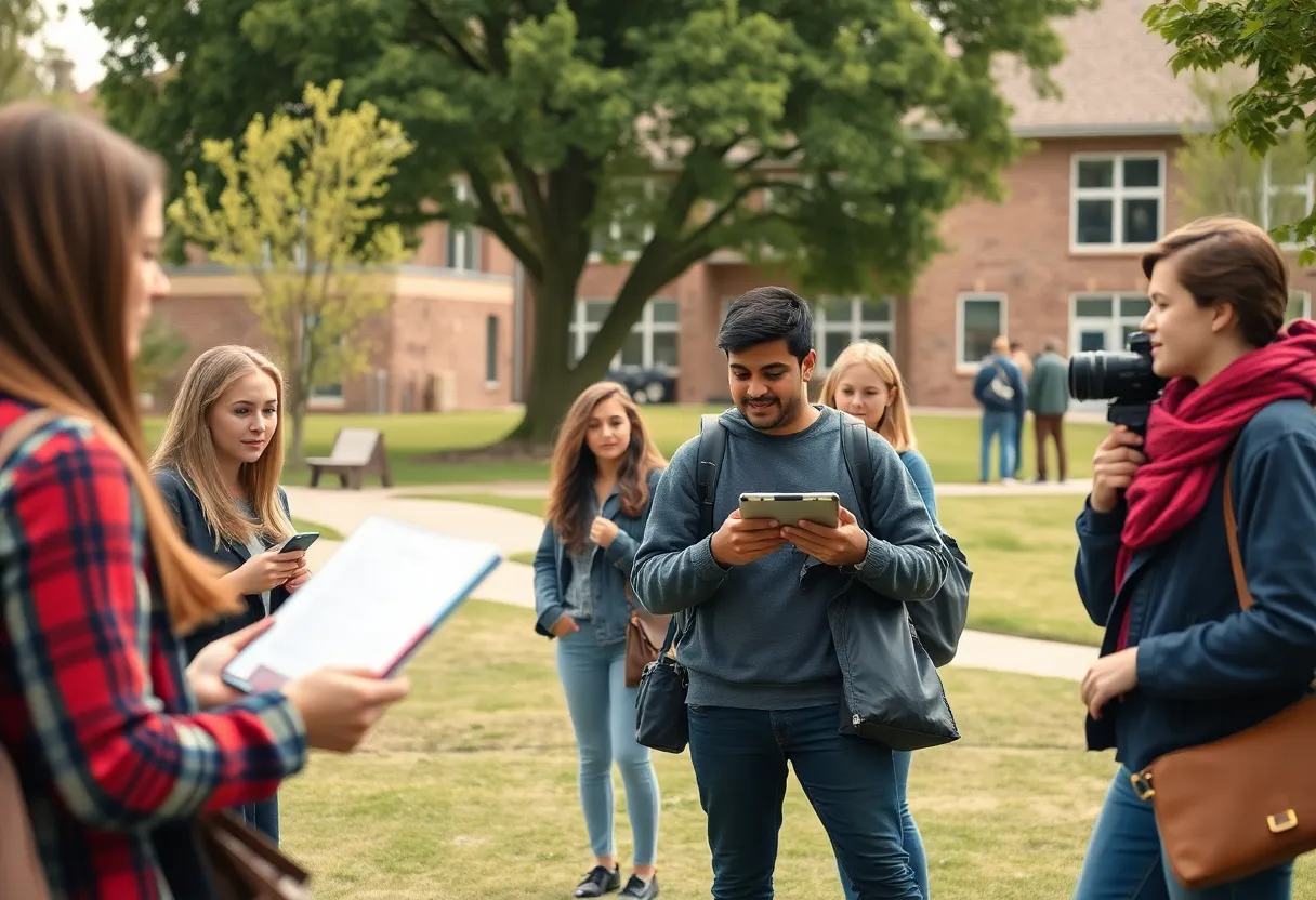 Students collaborating on journalism projects at OSU