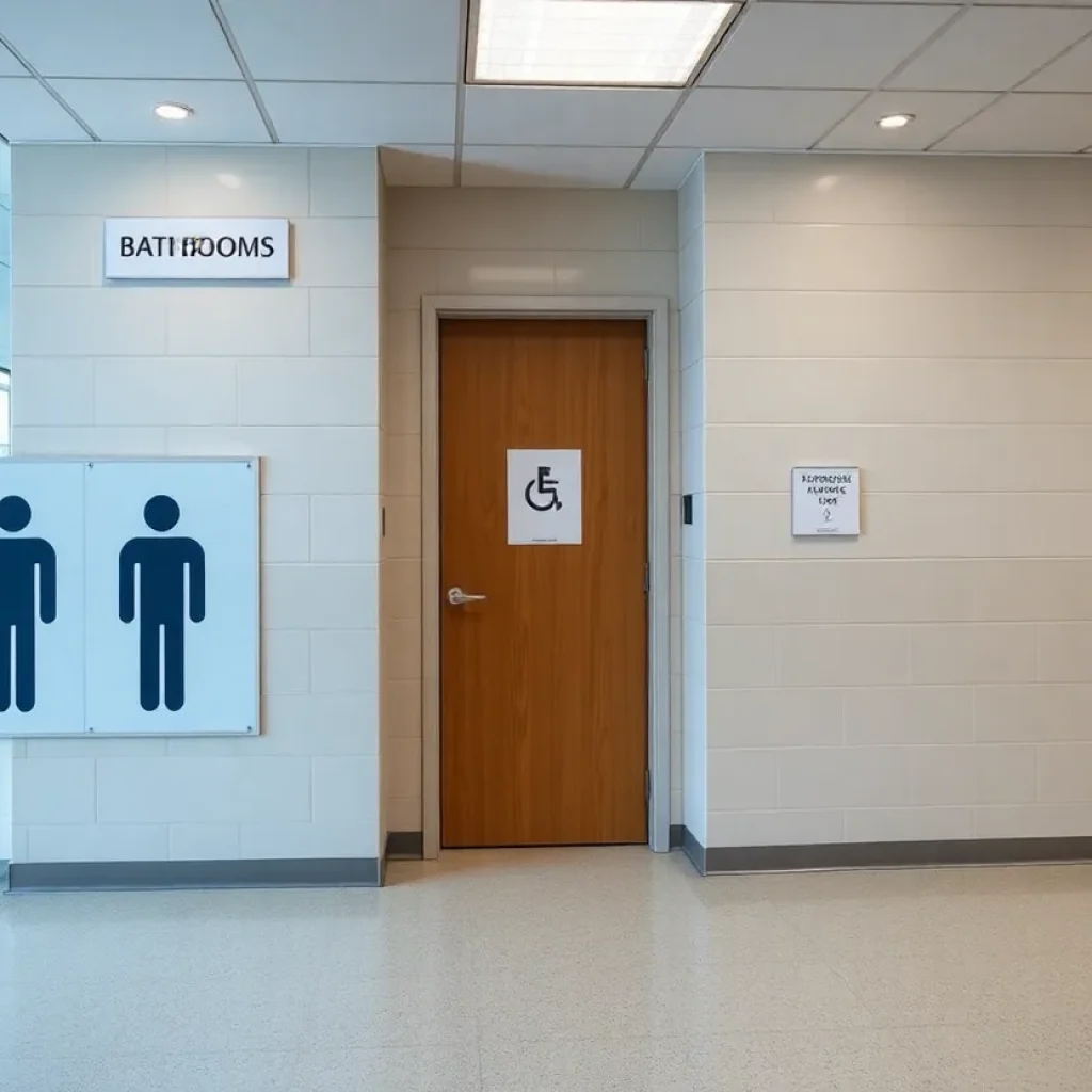 Restrooms labeled for males and females on a college campus