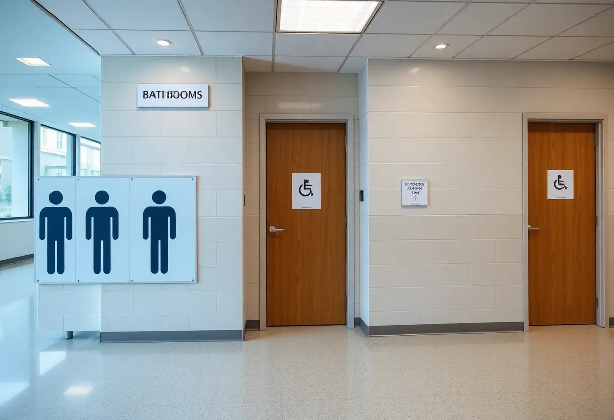 Restrooms labeled for males and females on a college campus