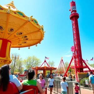 Families enjoying Six Flags amusement park rides during spring.
